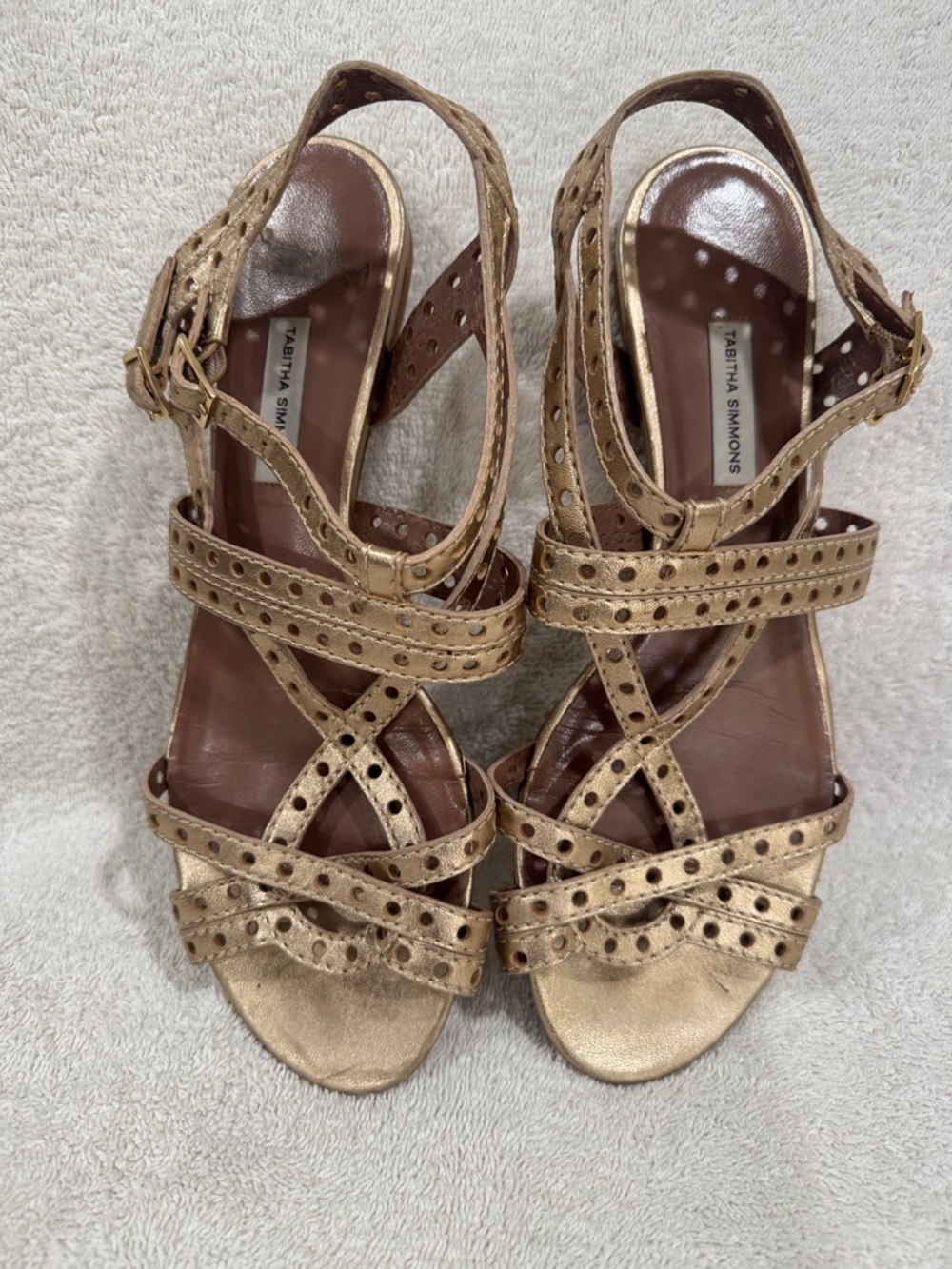 Tabitha Simmons Metallic Gold Perforated Strappy Heels